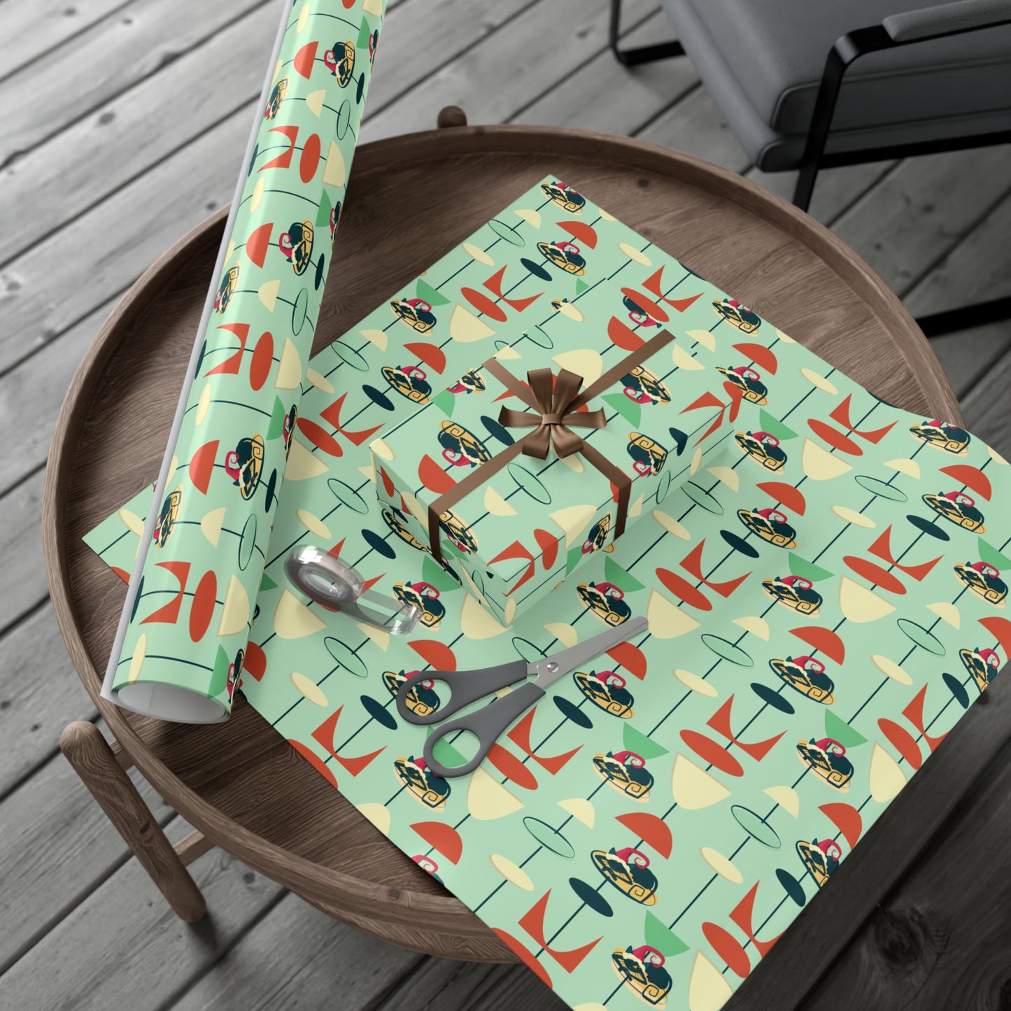 Retro 50's Atomic Cat Christmas Kitschy Mid Century Modern Green Eco-Friendly Wrapping Paper