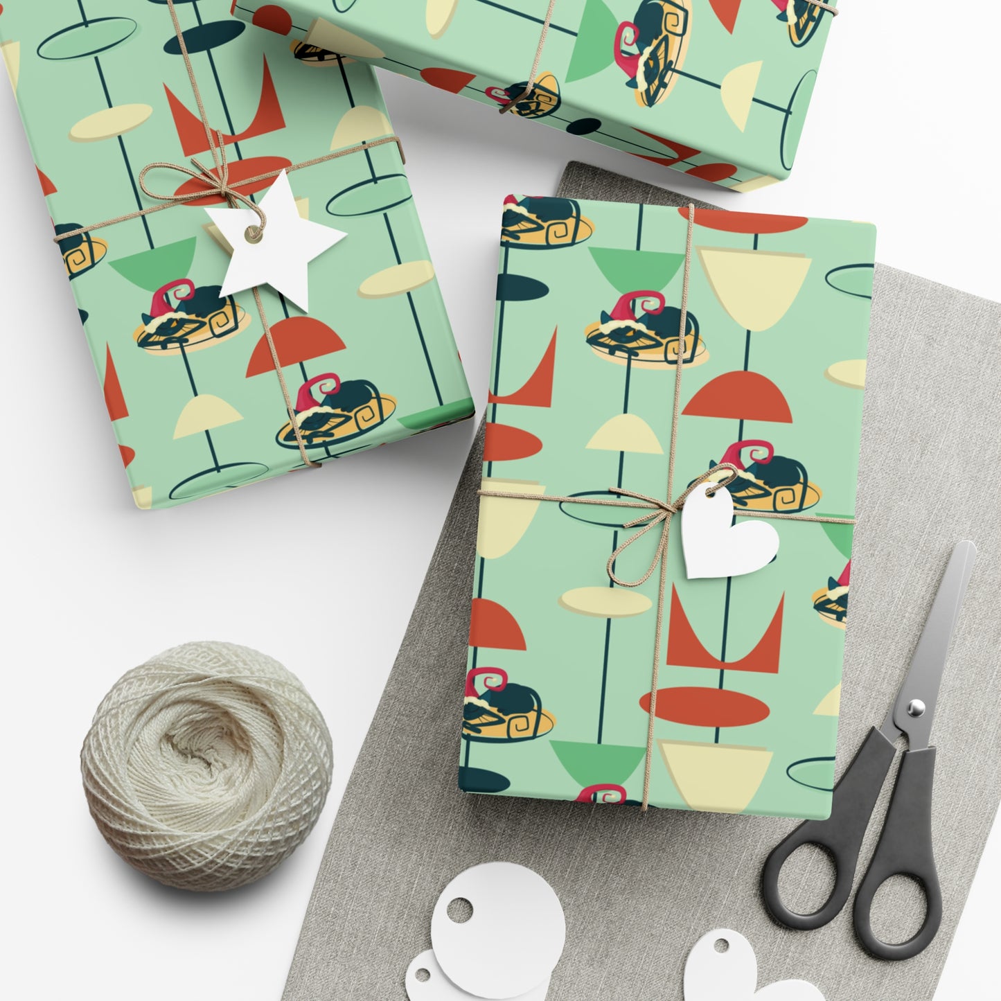 Retro 50's Atomic Cat Christmas Kitschy Mid Century Modern Green Eco-Friendly Wrapping Paper