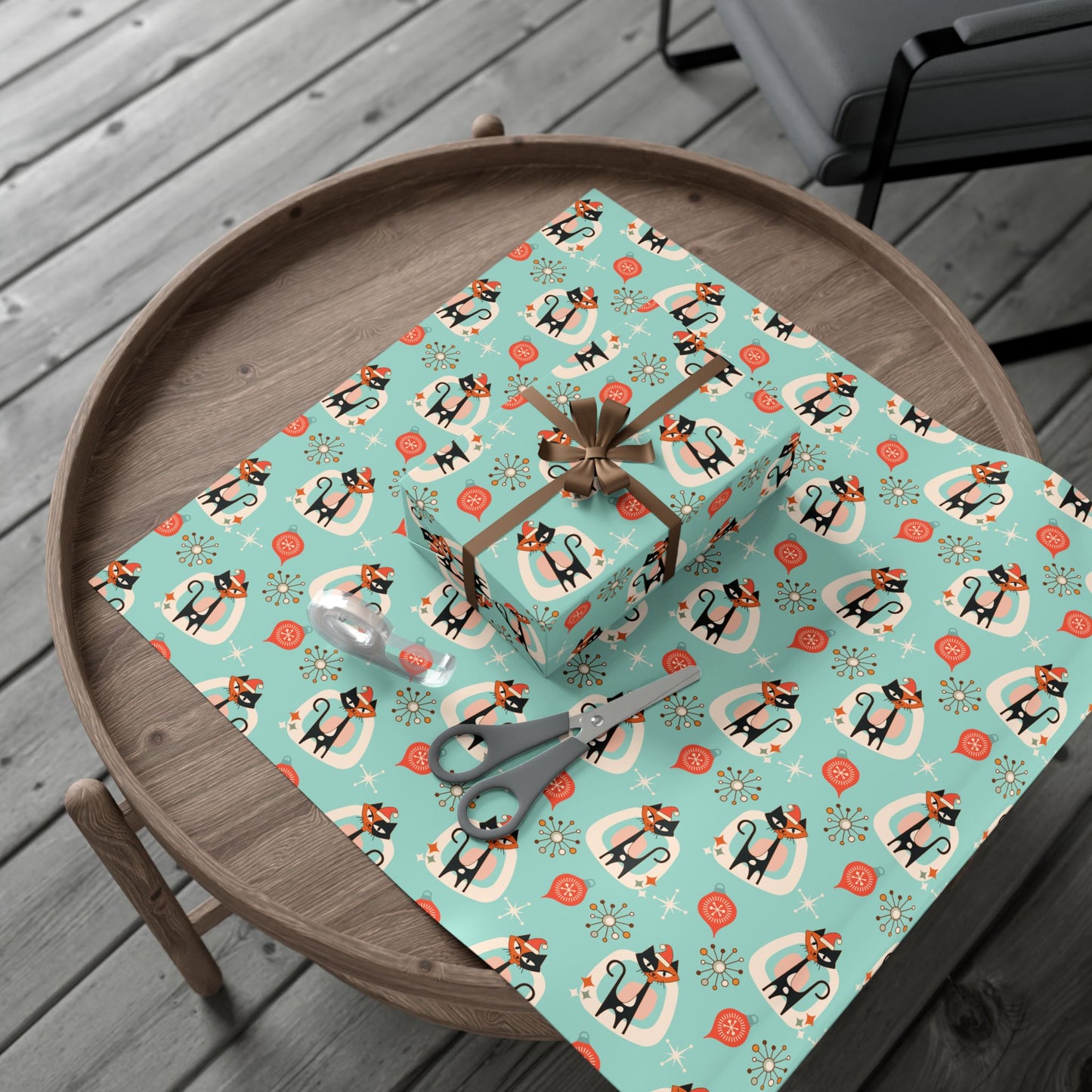 Retro 50's Atomic Cat & Starbursts Kitschy Christmas Mid Century Modern Blue Eco-Friendly Wrapping Paper