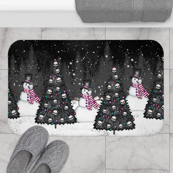 Creepy Snowmen Goth Christmas Tree Farm, Black Holiday Bath Mat