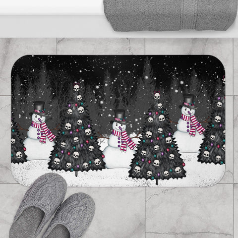 Creepy Snowmen Goth Christmas Tree Farm, Black Holiday Bath Mat | lovevisionkarma.com