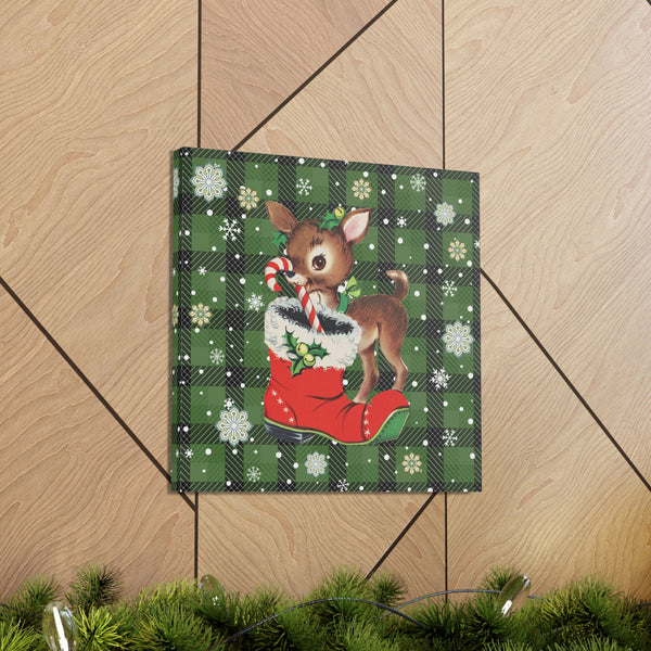 Retro 50s Christmas Vintage Reindeer MCM Green Canvas Gallery Wrap