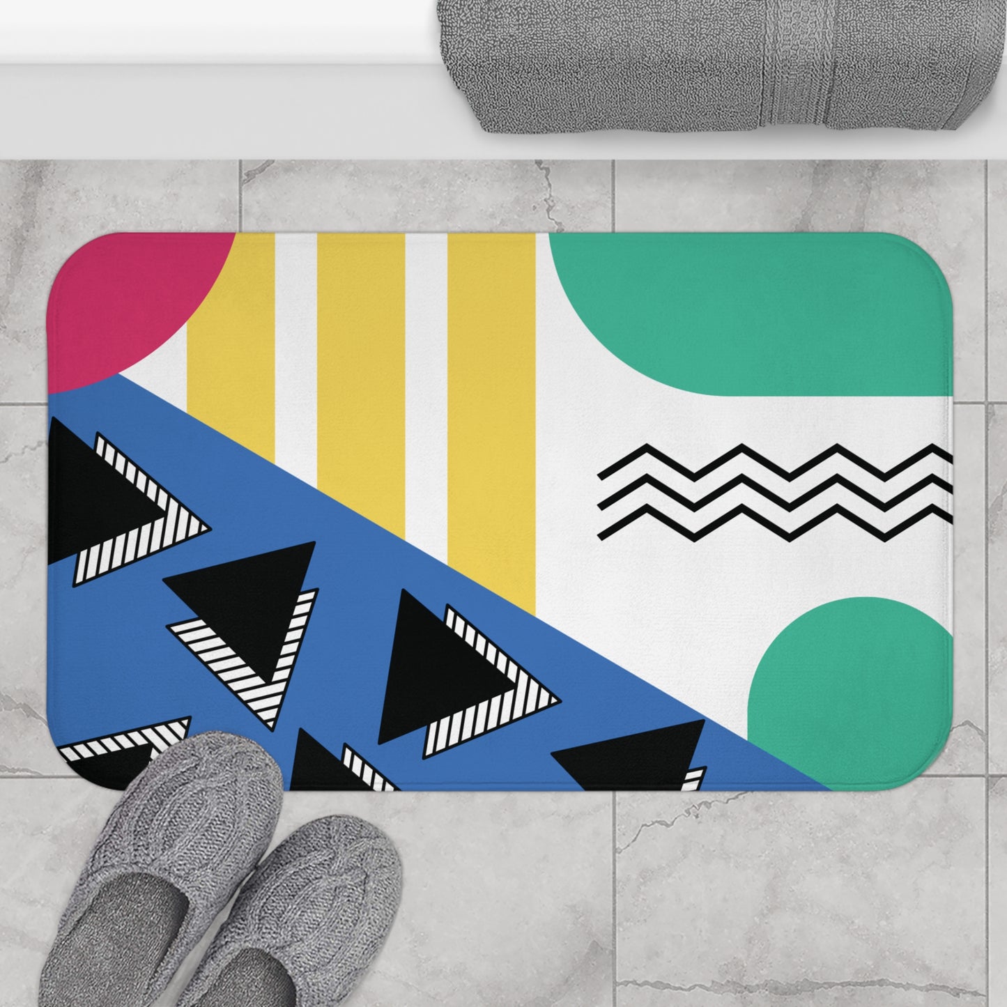 Retro 80's 90's Memphis Inspired Geometric, Throwback Aesthetic Multicolor Bath Mat