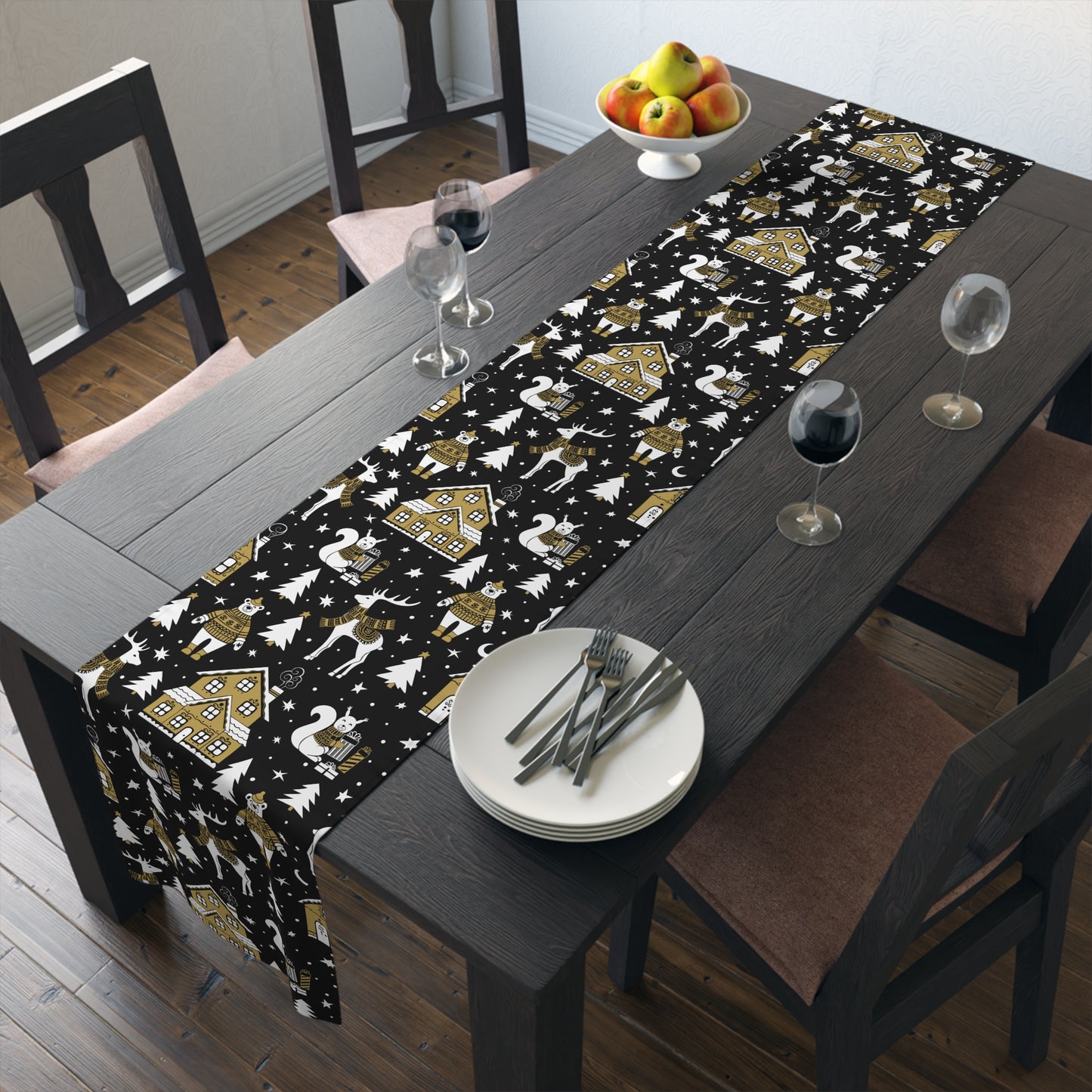 Nordic Christmas Scene MCM Scandi Black, White and Beige Holiday Table Runner
