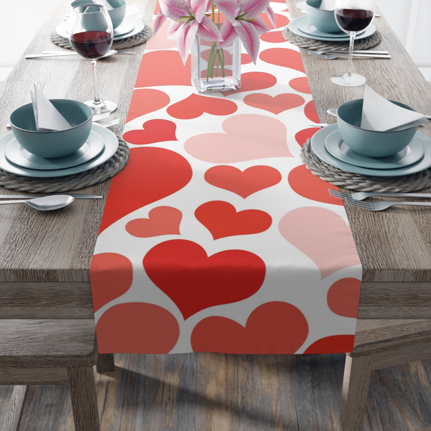 Bright Reddish Pink Hearts Valentine Table Runner