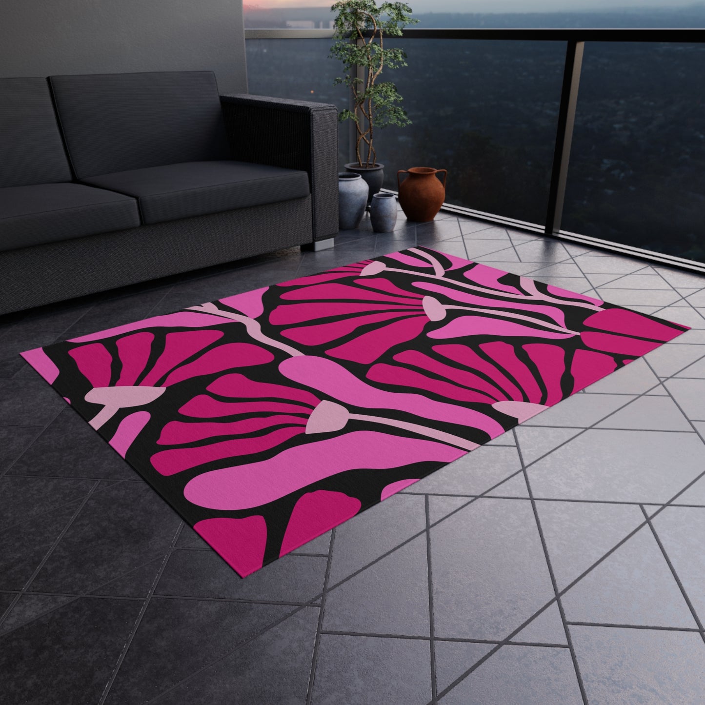 Groovy Abstract Pink Minimalist Retro Mod Flowers Indoor/Outdoor Accent Rug