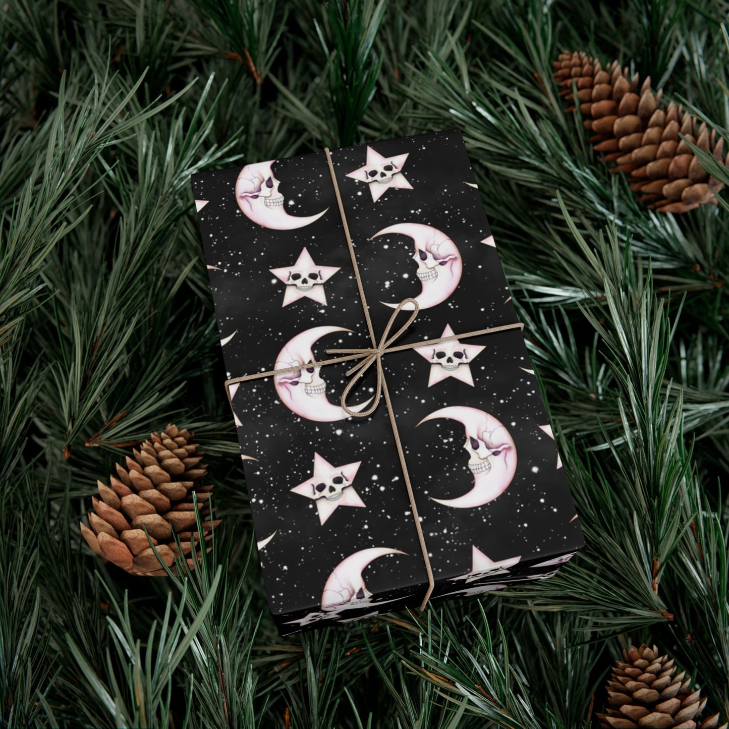 Goth Christmas Celestial Moon & Stars, Whimsical Kawaii Creepmas Black Eco-Friendly Gift Wrap
