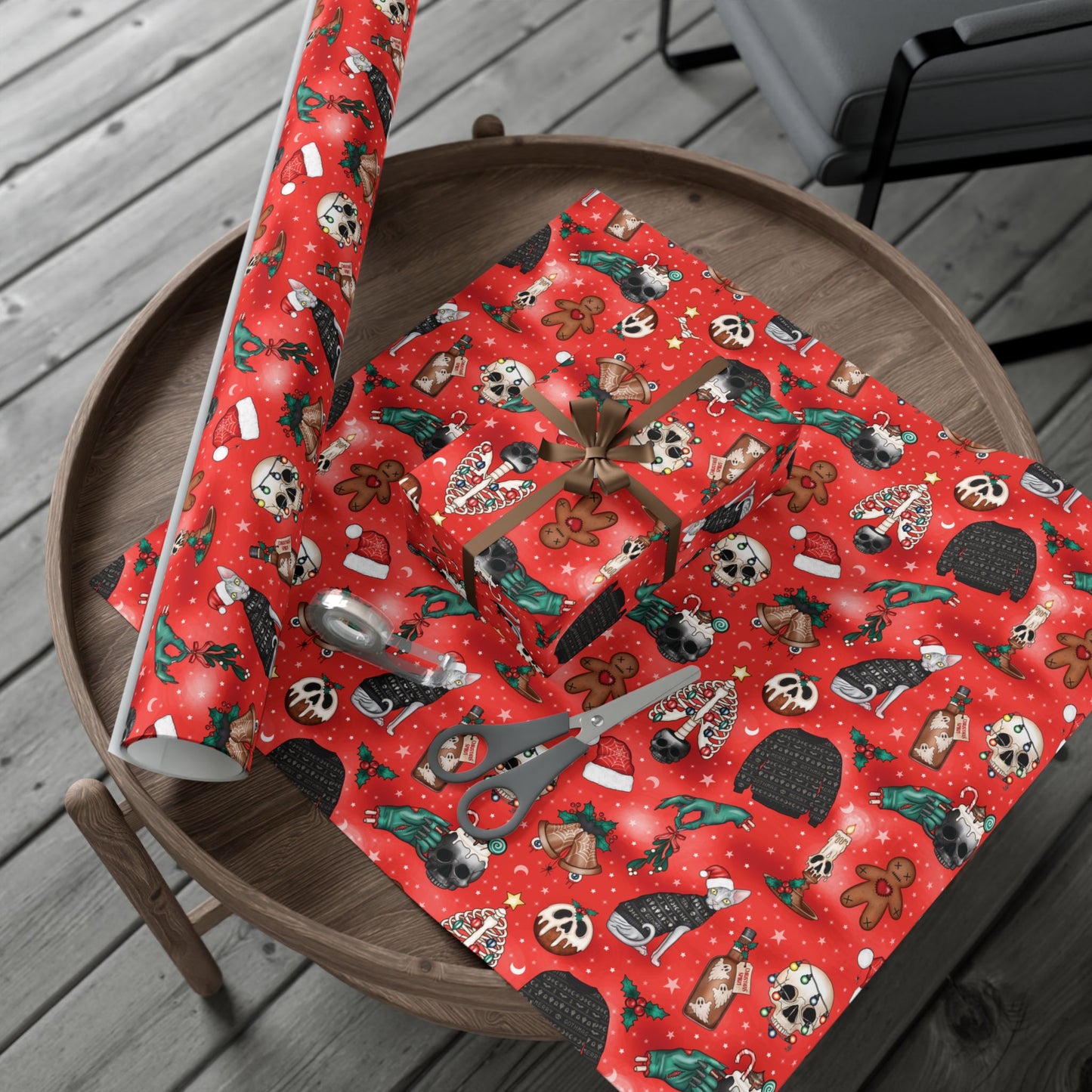 Goth Christmas Kitsch Skulls, Cats & Zombie Hands Red Eco-Friendly Gift Wrap Paper