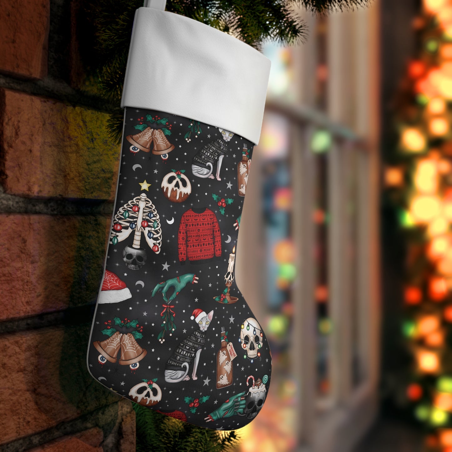 Kitschy Kawaii Goth Christmas, Creepy Cute Whimsigoth Black Creepmas Holiday Stocking