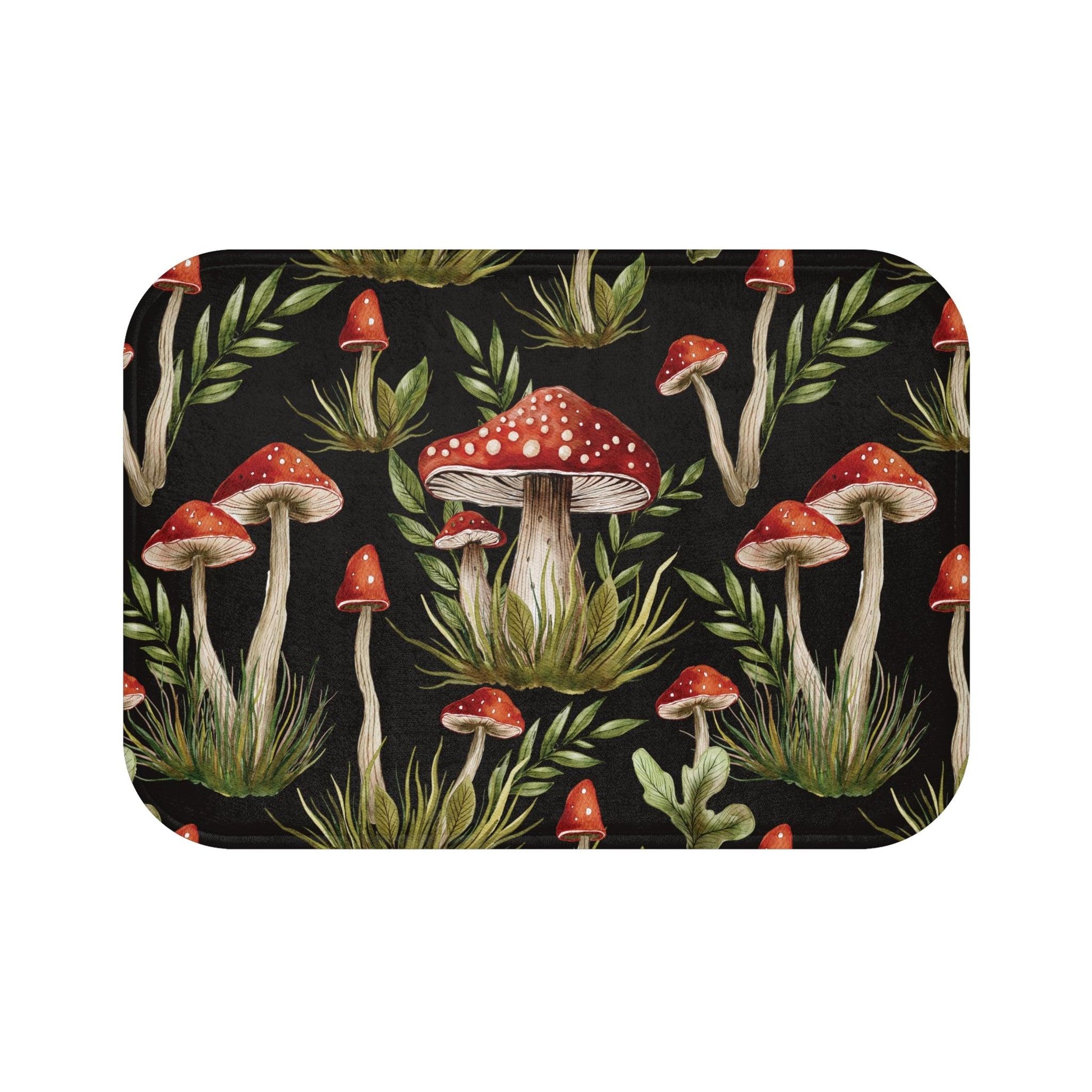 Amanita Muscaria Mushroom, Dark Cottagecore Watercolor Black, Red & Green Bath Mat | lovevisionkarma.com
