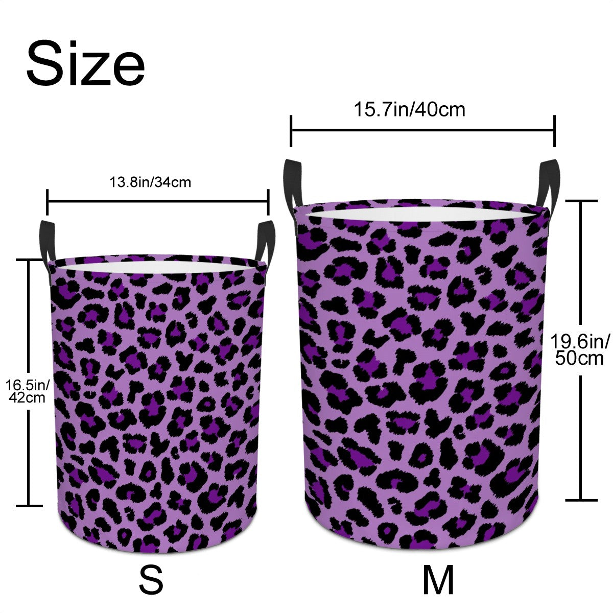 Purple leopard print laundry basket with measurements for small (S) and medium (M) sizes.