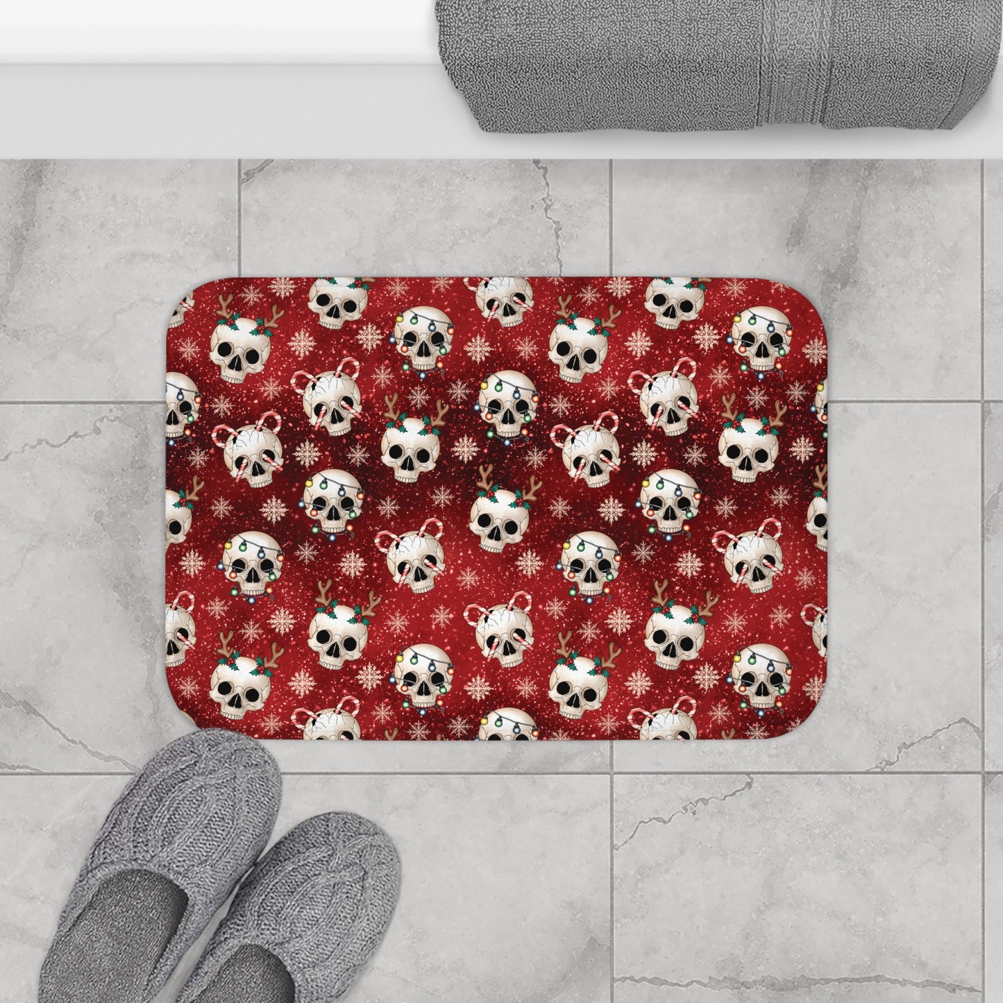 Goth Christmas Skulls, Festive Red Gothmas Creepmas Whimsigoth Bath Mat