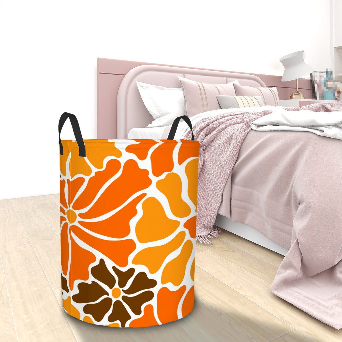 Retro 60s 70s Groovy Mod Minimalist Orange and Brown Flowers Mid Century Modern Round Laundry Hamper