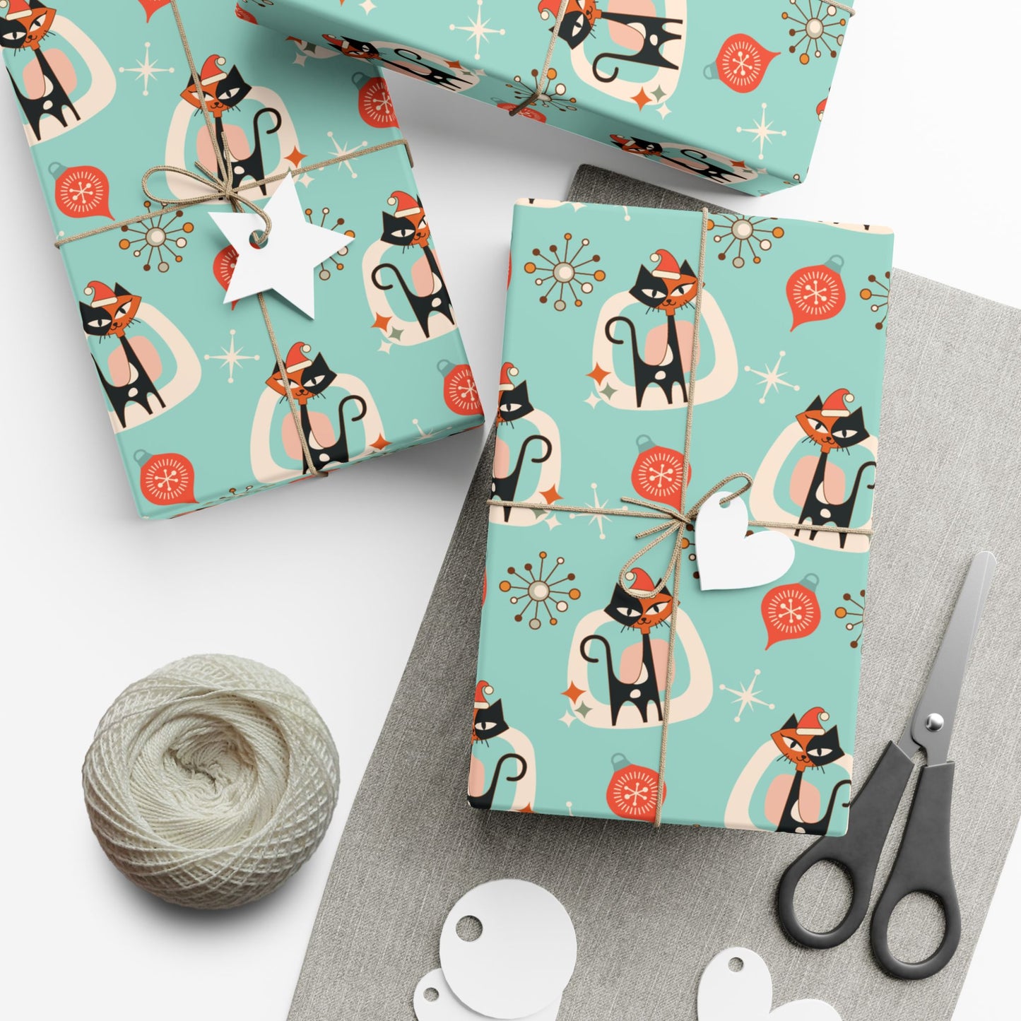 Retro 50's Atomic Cat & Starbursts Kitschy Christmas Mid Century Modern Blue Eco-Friendly Wrapping Paper