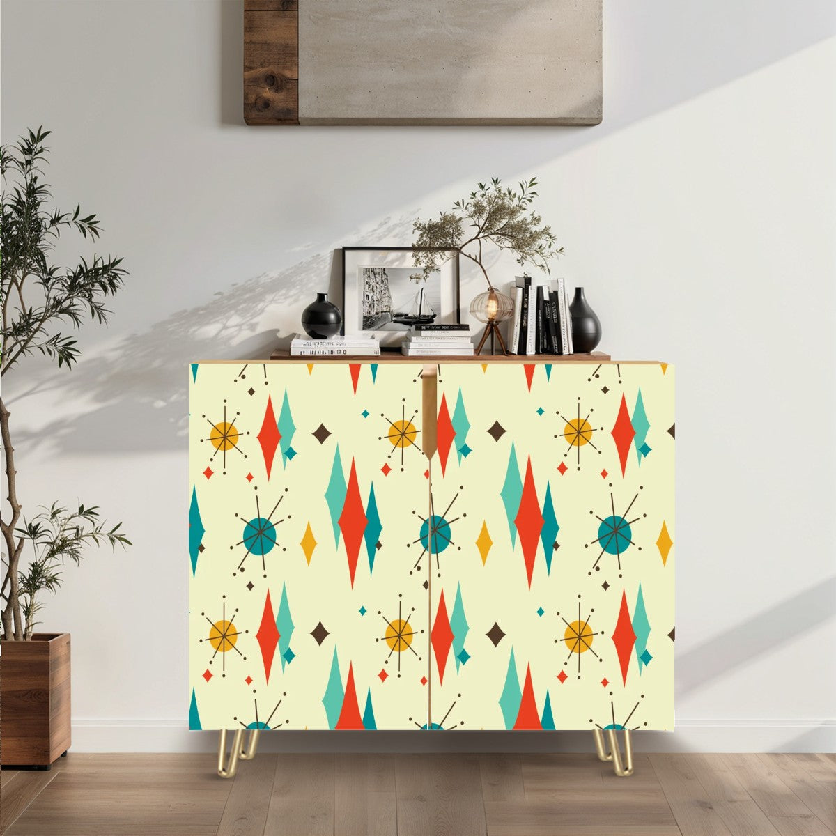 Retro 1950's Atomic Diamond and Starburst Mid Century Modern Colorful Credenza, Sideboard, Wooden Storage Cabinet