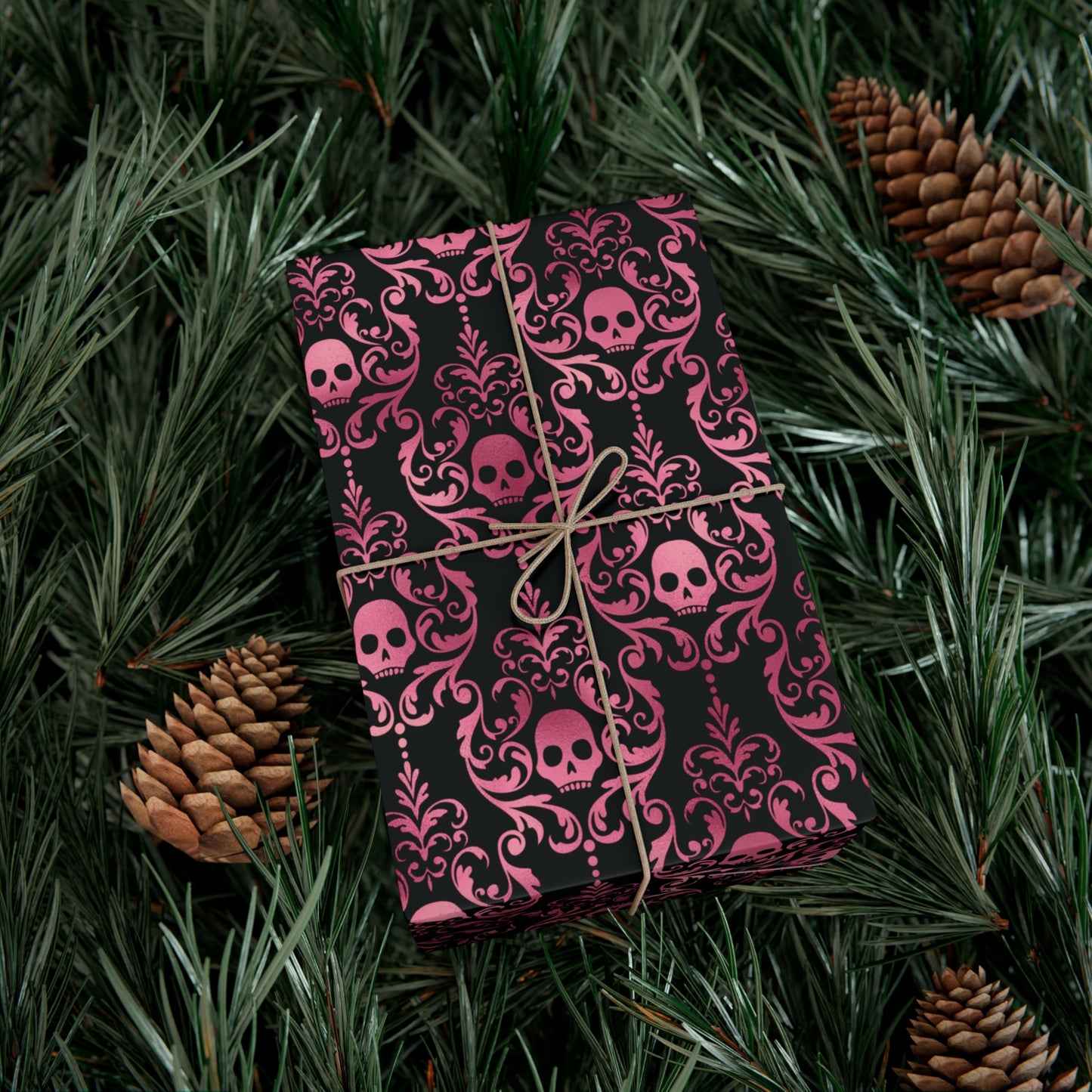 Pink Damask Skulls, Victorian Goth, Dark Academia, Goth Christmas & Creepmas Glam Black Eco-Friendly Gift Wrap Paper