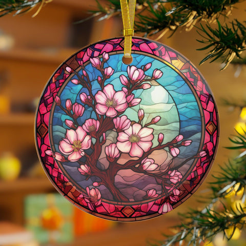 Sakura Cherry Blossom Branch, Colorful Stained Glass Inspired, Glass Ornament | lovevisionkarma.com