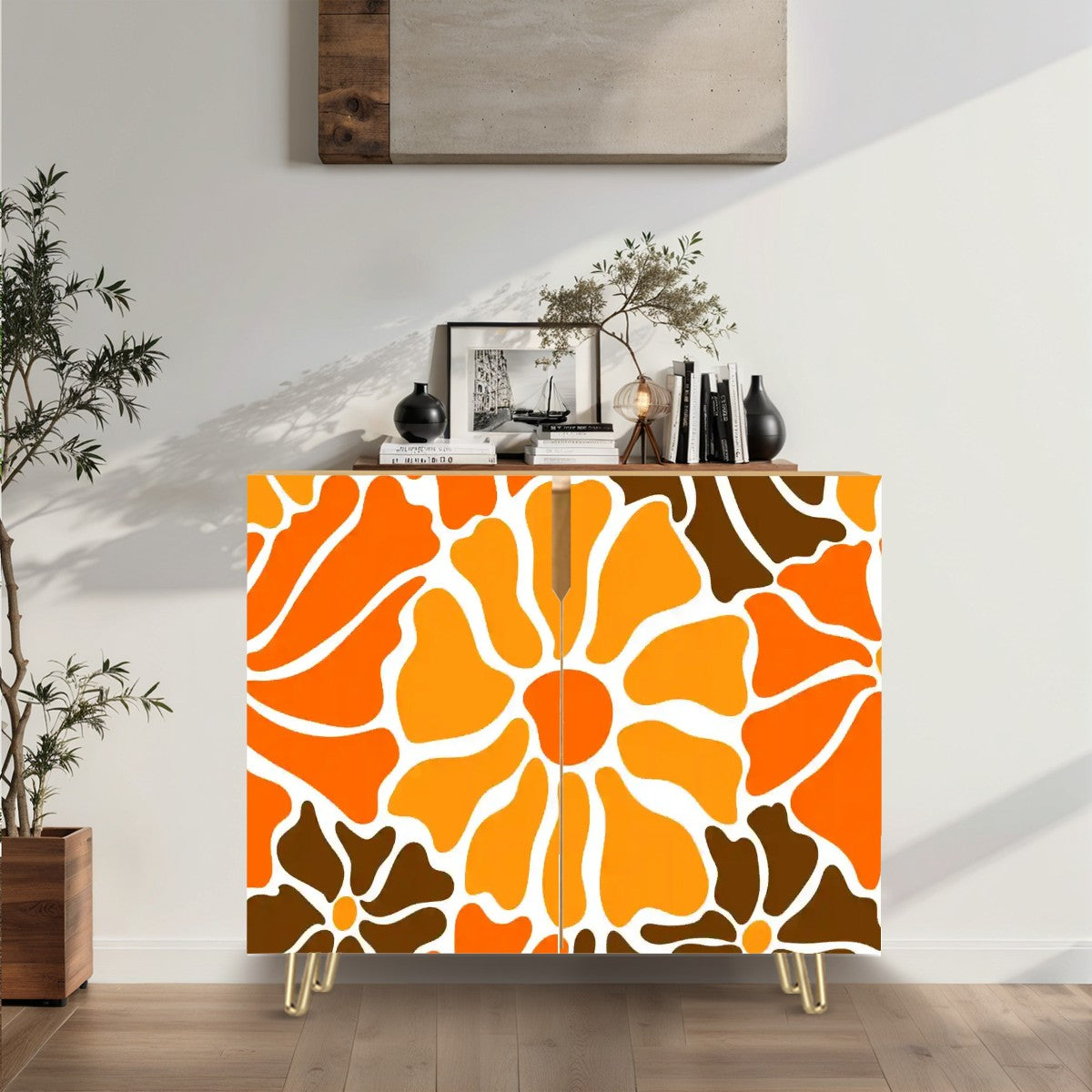 Retro 60s 70s Groovy Mod Minimalist Orange and Brown Flowers Mid Century Modern Sideboard, Credenza, Wooden Storage Cabinet