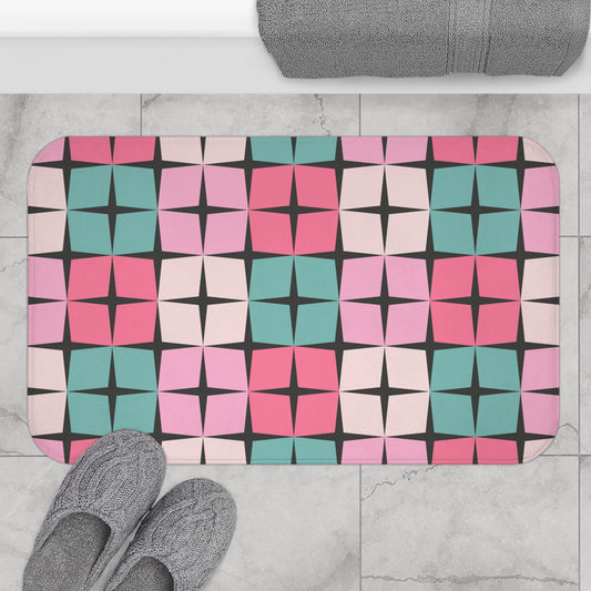 Palm Springs Retro 50s 60s Atomic Star Mid Century Mod Pink & Turquoise Blue Bath Mat