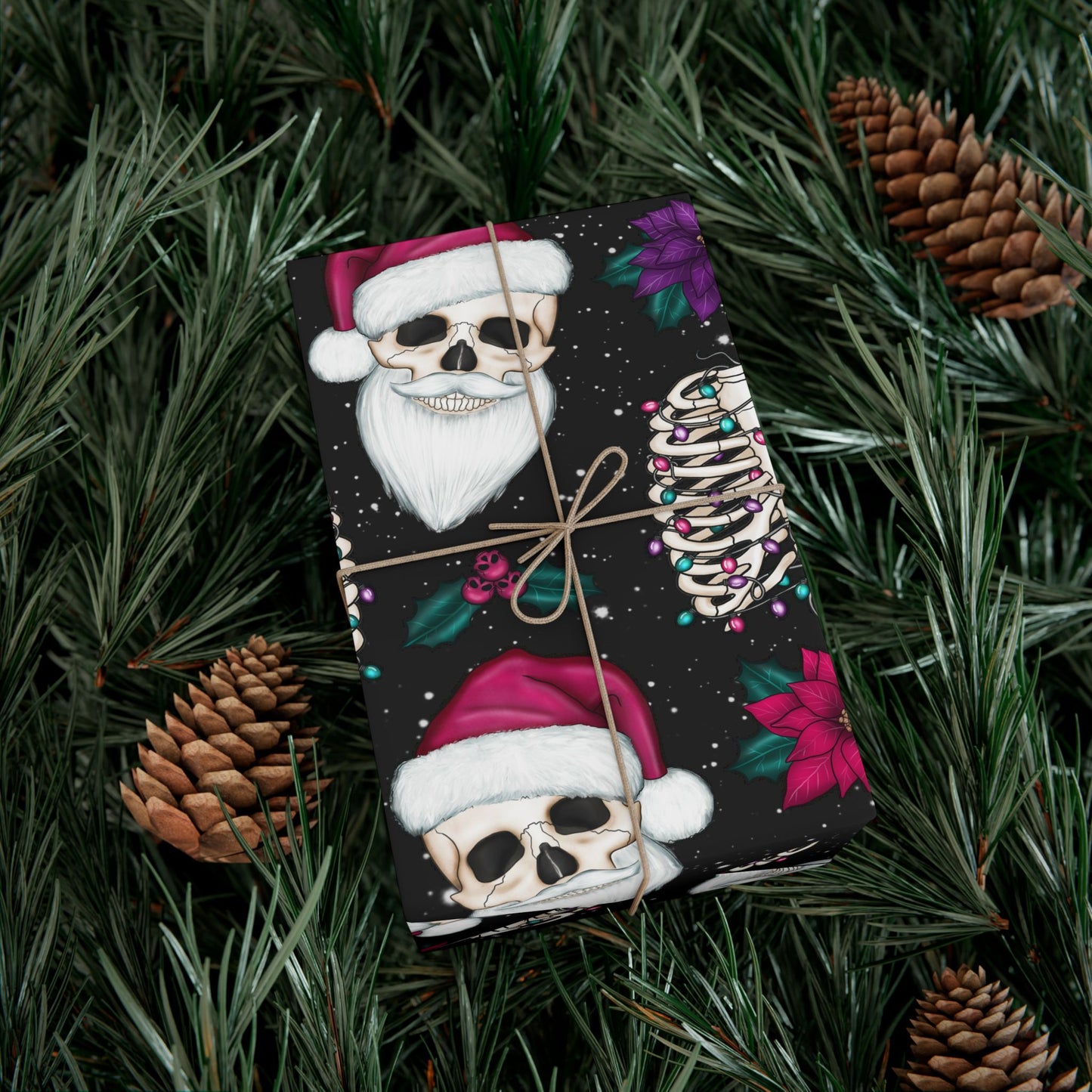 Santa Skull Goth Christmas Eco-Friendly Black Wrapping Paper, Kitschy Creepmas Whimsigoth