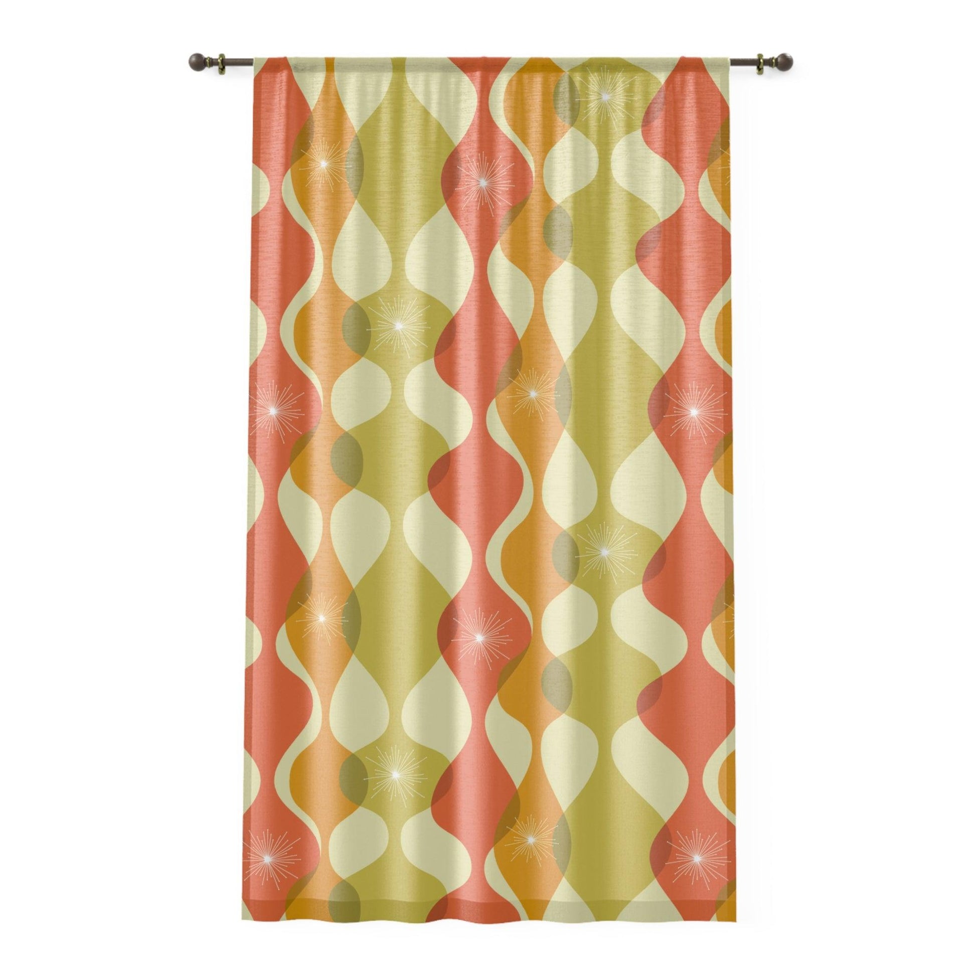 Mid Century Mod Wavy Abstract Orange, Green & Yellow Sheer Window Curtain | lovevisionkarma.com