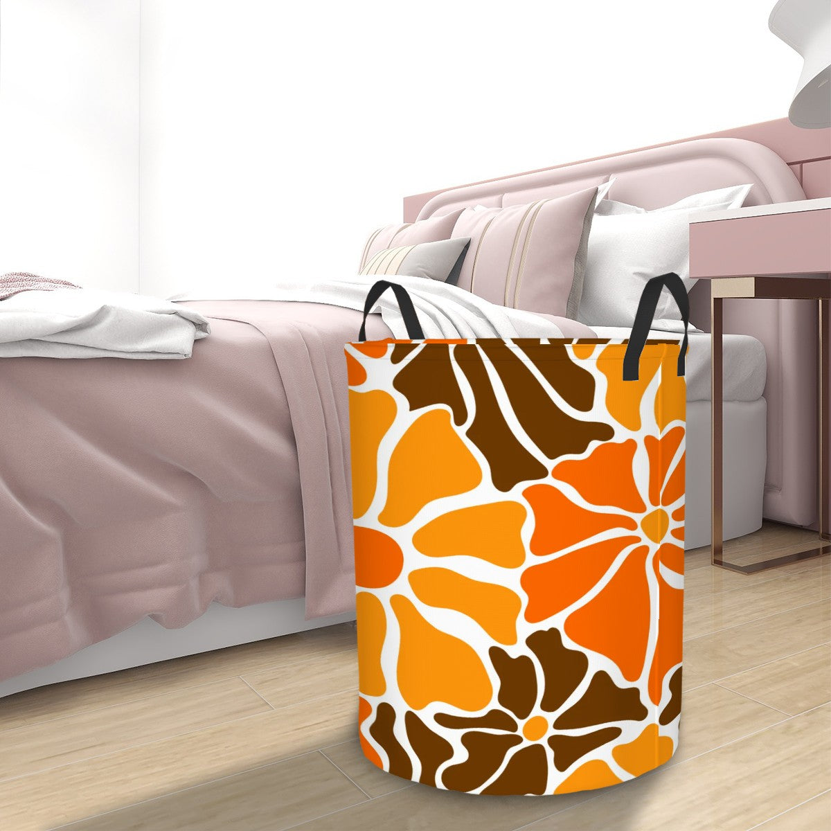 Retro 60s 70s Groovy Mod Minimalist Orange and Brown Flowers Mid Century Modern Round Laundry Hamper