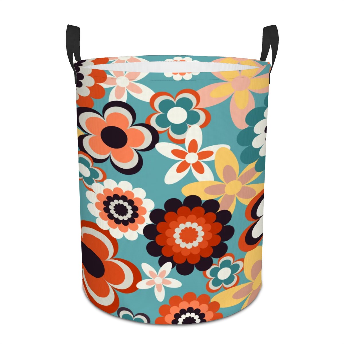Retro 60s 70s Groovy Flowers Boho Blue, Coral and Yellow MCM Round Laundry Hamper