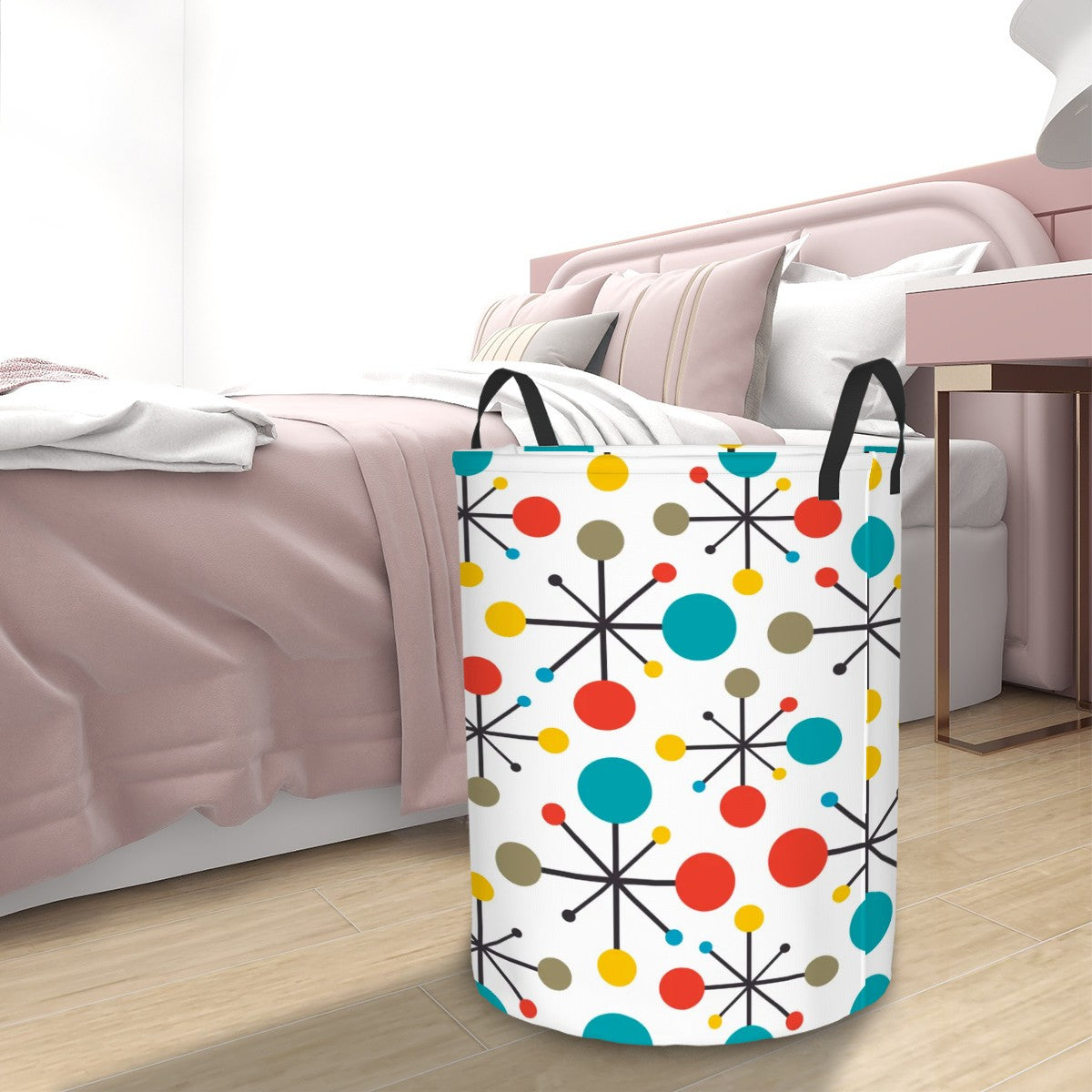 Retro 50s Atomic Burst Mid Century Mod Colorful  Round Laundry Hamper