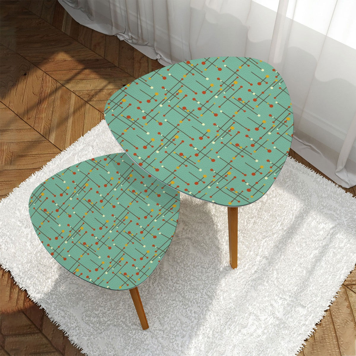 Retro 50's Eames Inspired Mid Century Mod Lines Teal Blue Nesting Accent Tables