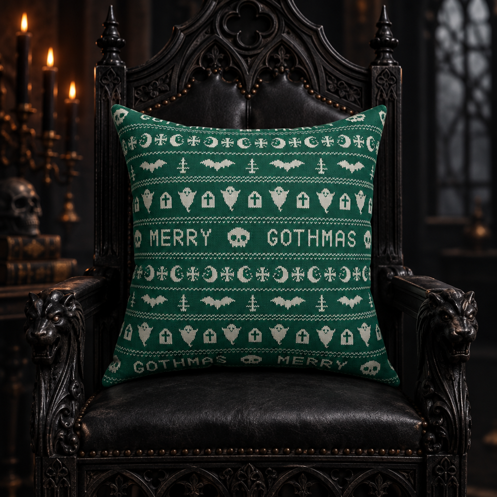 Goth Christmas Ugly Sweater Inspired, Gothmas & Kitschy Creepmas Green Throw Pillow