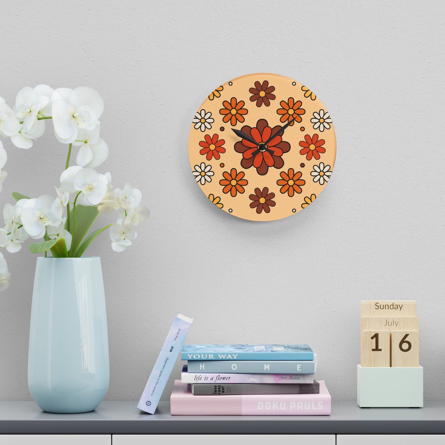 Retro 60s 70s Groovy Mod Daisy Floral Mid Century Orange & Brown Acrylic Wall Clock