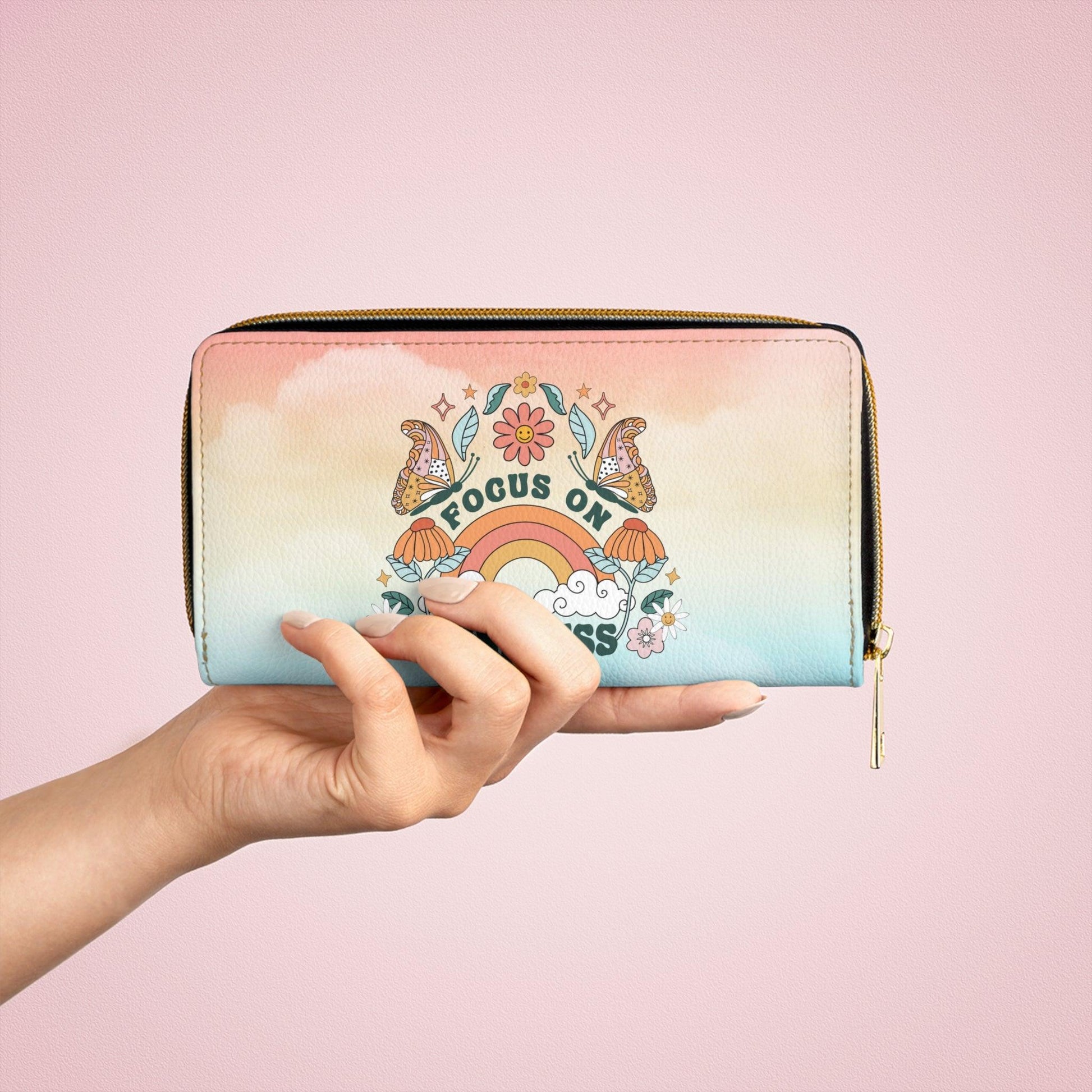 Retro Groovy Butterfly, Rainbow & Flower "Kindness" Ombre Zipper Wallet | lovevisionkarma.com