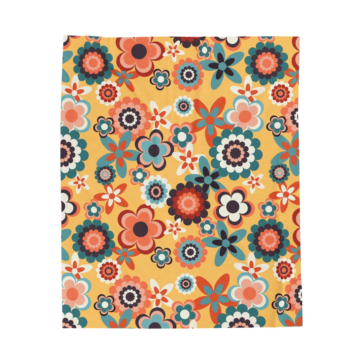 Retro 60s 70s Groovy Flowers Boho MCM Yellow, Coral & Blue Velveteen Lightweight Blanket