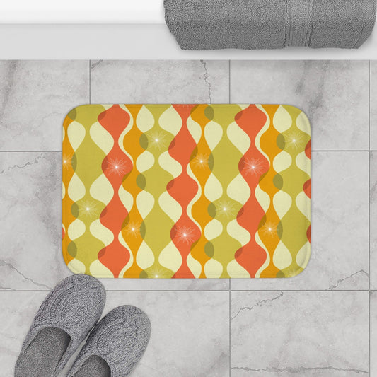 Retro 60s 70s Mid Century Mod Abstract Green, Orange & Mustard Bath Mat | lovevisionkarma.com