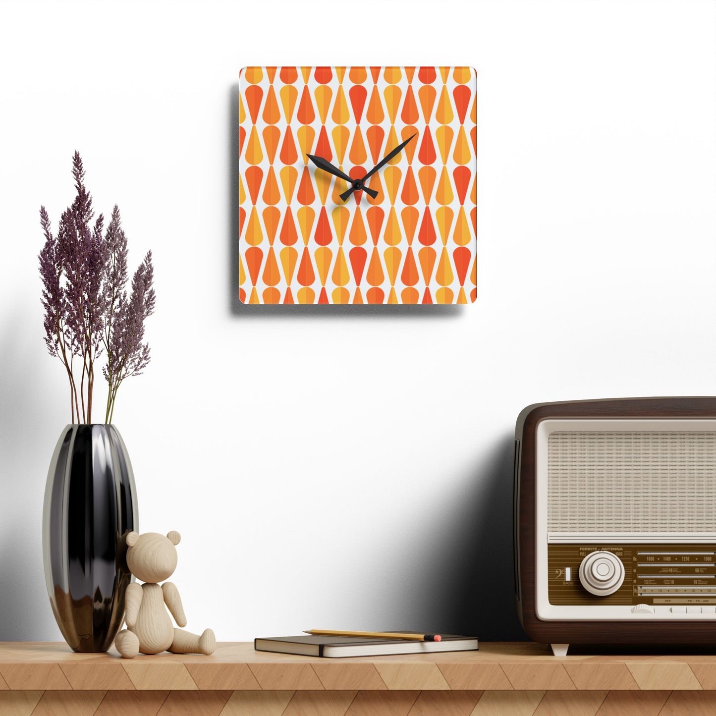 Retro 60s 70s Mid Century Modern Geometric Orange and Yellow Acrylic Wall Clock