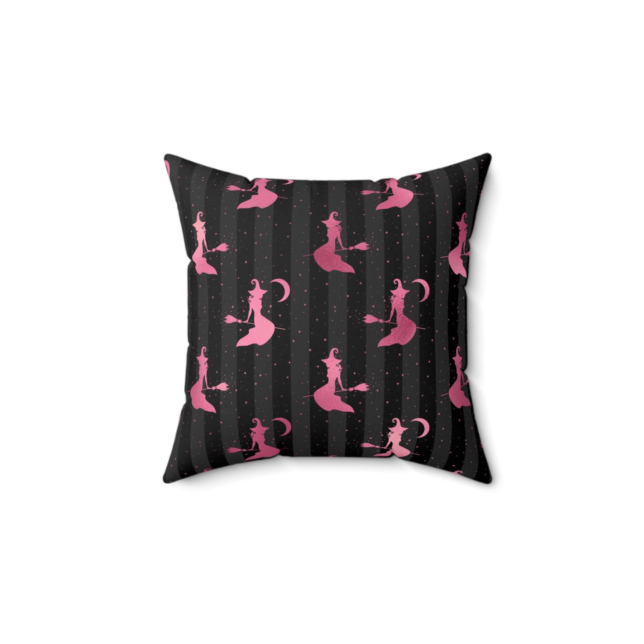 Flying Witch Glam Goth Halloween Pink & Black Throw Pillow