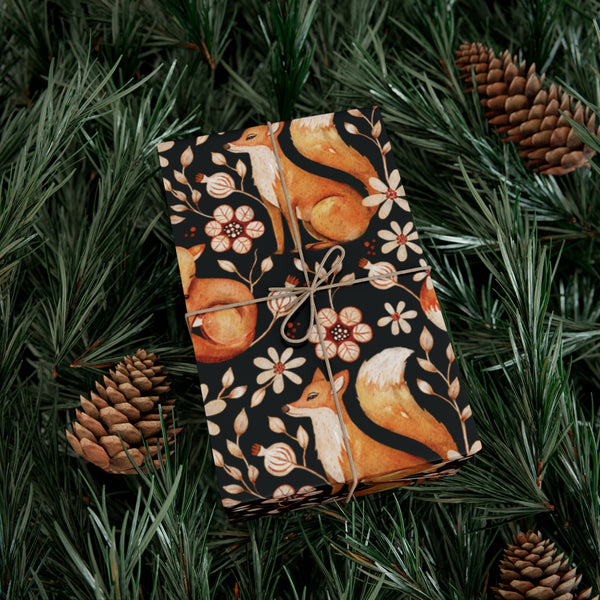 Enchanted Woodland Fox, Floral Dark Cottagecore Watercolor Style, Black Eco-Friendly Gift Wrap