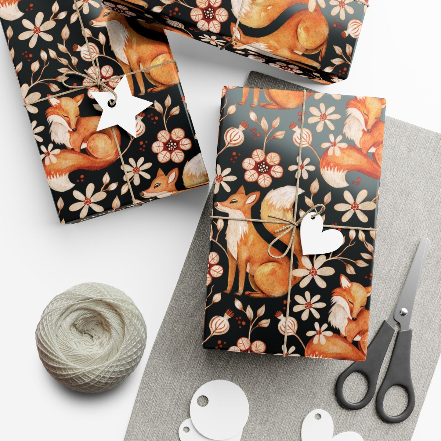 Enchanted Woodland Fox, Floral Dark Cottagecore Watercolor Style, Black Eco-Friendly Gift Wrap