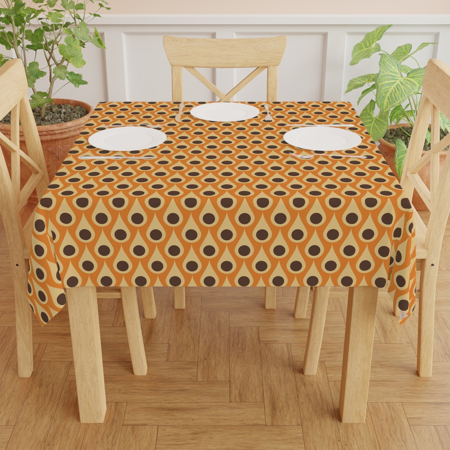 Retro 60s 70s Mid Century Mod Funky Mustard, Orange and Brown Tablecloth
