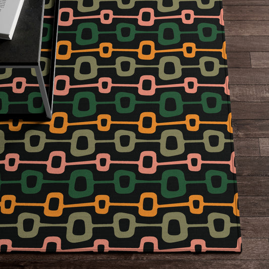 Retro Mod Abstract MCM Black, Green and Mustard Anti-Slip Accent Rug