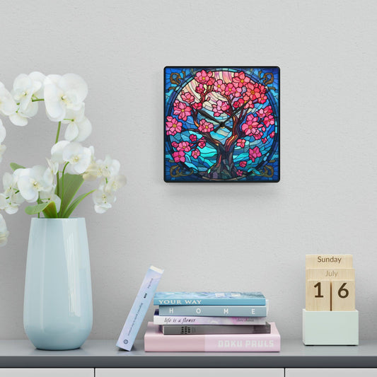 Cherry Blossom Tree Stained Glass Inspired, Sakura Pink & Blue Acrylic Wall Clock | lovevisionkarma.com