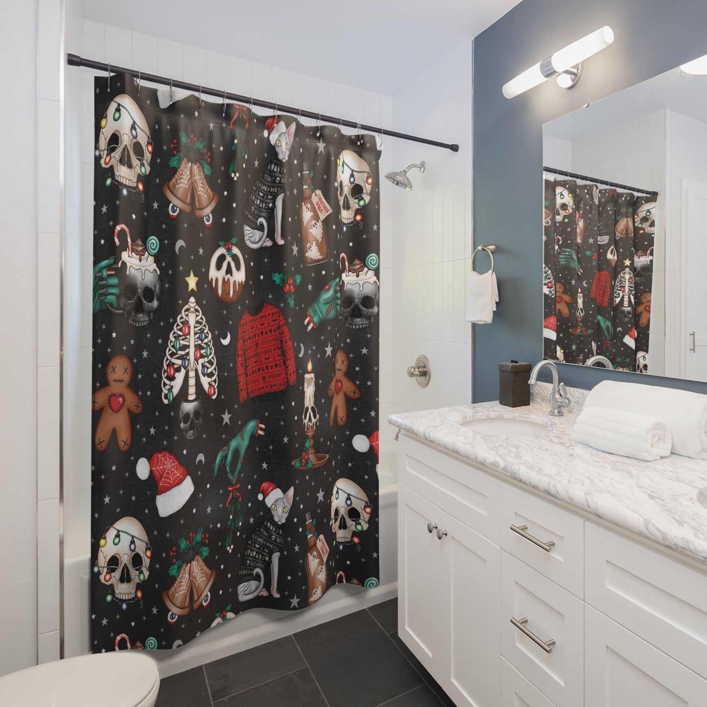 Kitschy Kawaii Goth Christmas, Creepy Cute Whimsigoth Black Creepmas Shower Curtain