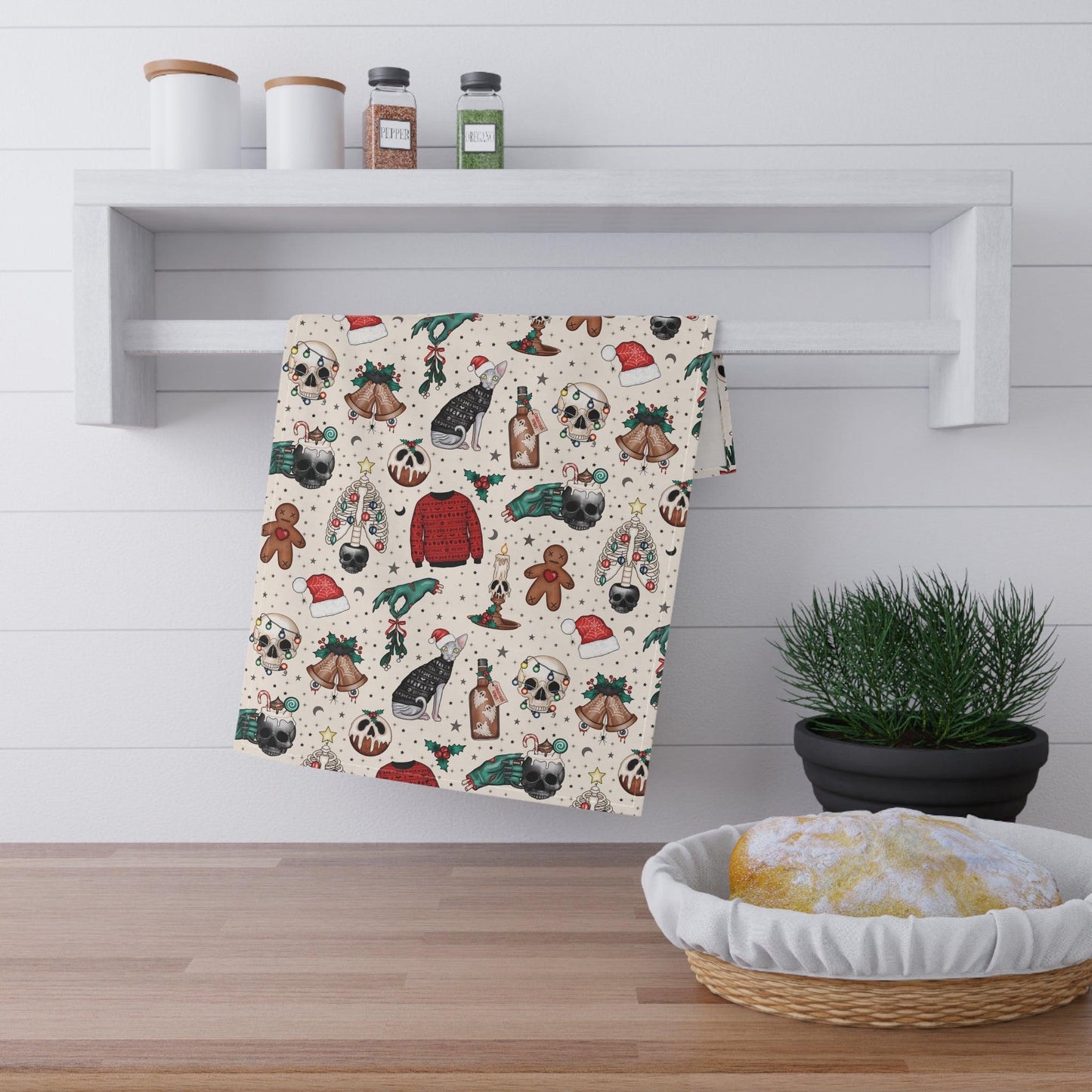 Goth Christmas Kitschy Skulls, Zombie Hands, Cats Creepmas Multicolor Kitchen Tea Towel | lovevisionkarma.com