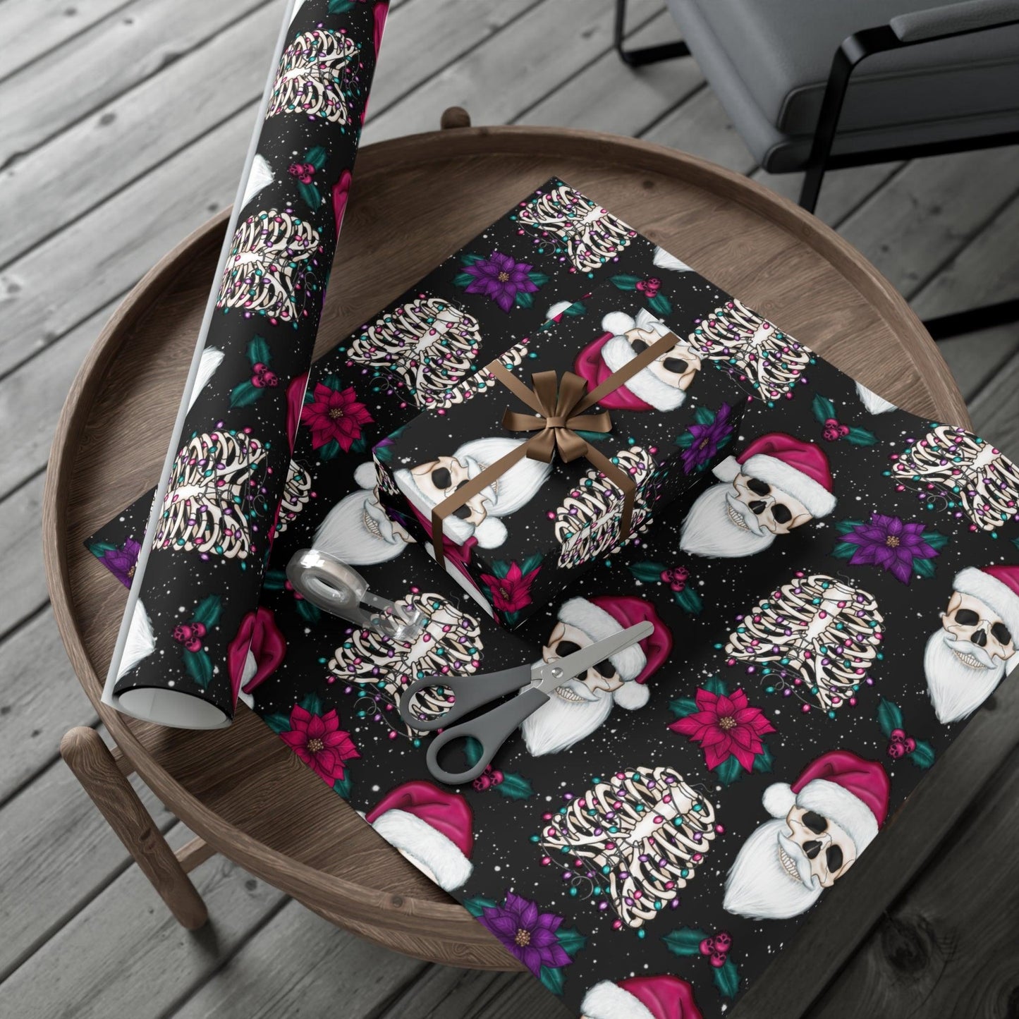 Santa Skull Goth Christmas Eco-Friendly Black Wrapping Paper, Kitschy Creepmas Whimsigoth | lovevisionkarma.com