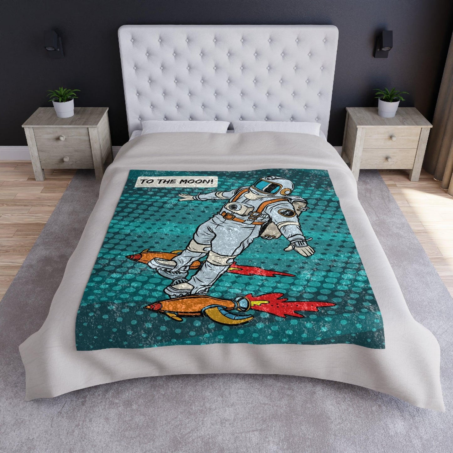 Astronaut Comic Pop Art "Stonks" Blue Crushed Velvet Blanket | lovevisionkarma.com