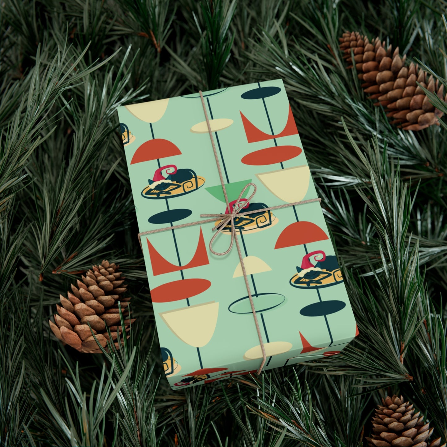 Retro 50's Atomic Cat Christmas Kitschy Mid Century Modern Green Eco-Friendly Wrapping Paper