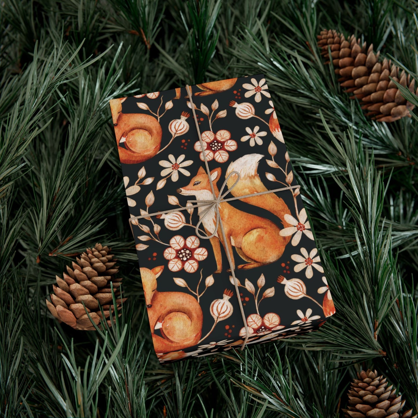 Enchanted Woodland Fox, Floral Dark Cottagecore Watercolor Style, Black Eco-Friendly Gift Wrap