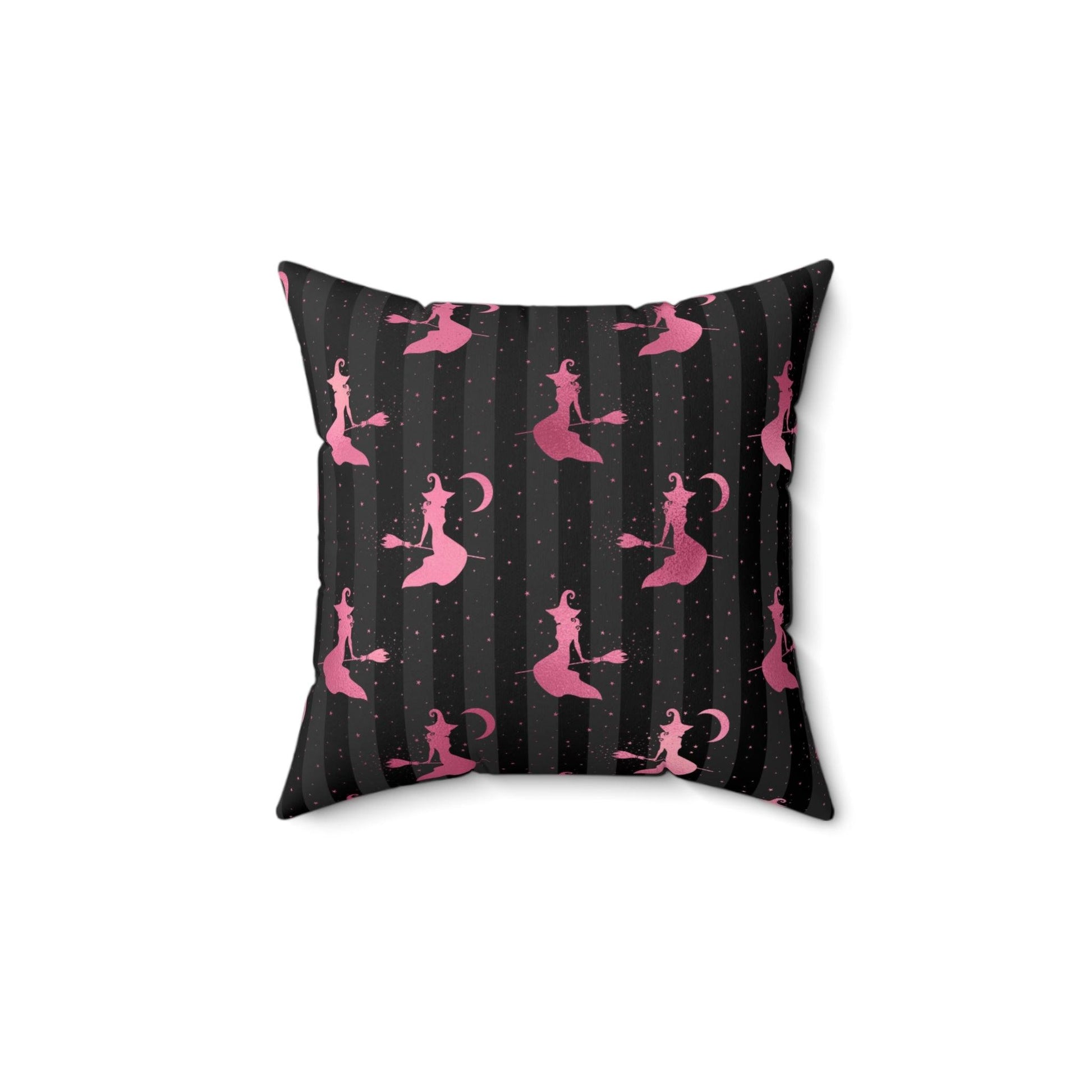 Flying Witch Glam Goth Halloween Pink & Black Throw Pillow | lovevisionkarma.com