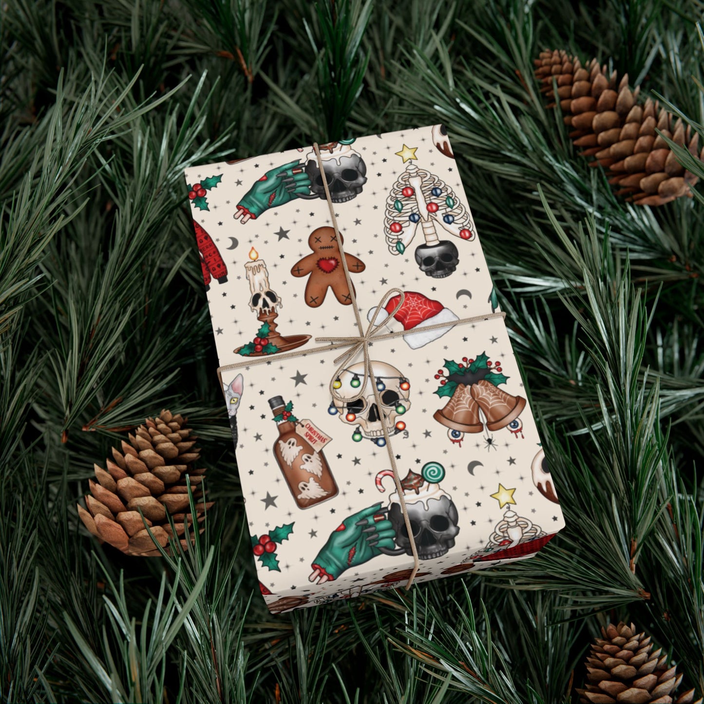Goth Christmas Kitsch Skulls, Cats & Zombie Hands Multicolor Eco-Friendly Gift Wrap Paper