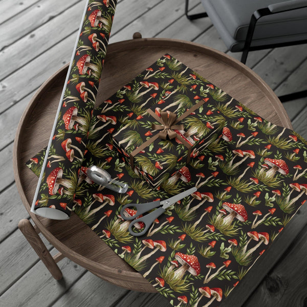 Amanita Muscaria Mushroom, Dark Cottagecore Watercolor Style Black, Red & Green Eco-Friendly Gift Wrap | lovevisionkarma.com